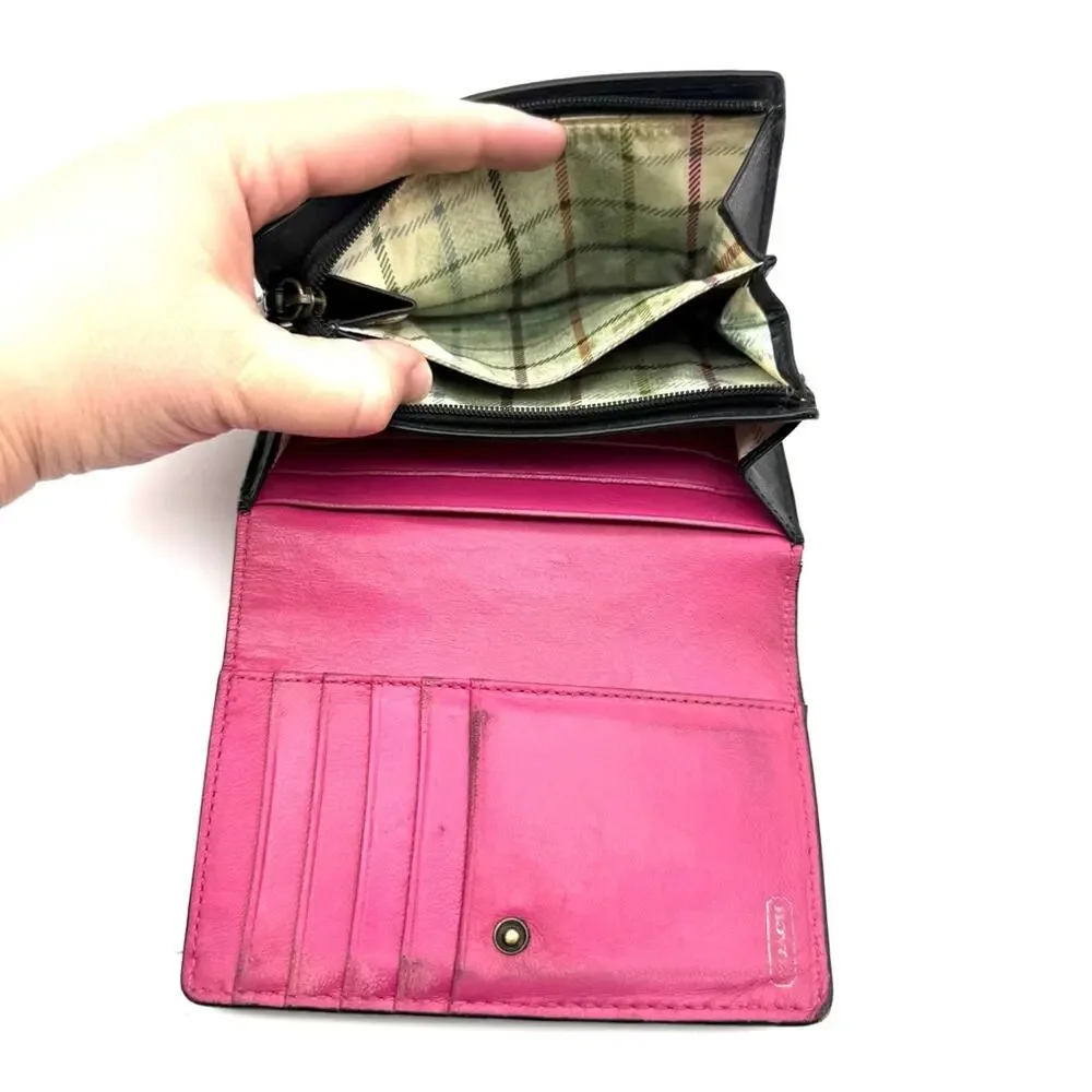 Coach Bleecker Wallet Black Leather Embossed Signature Carriage Logo Pink Lining